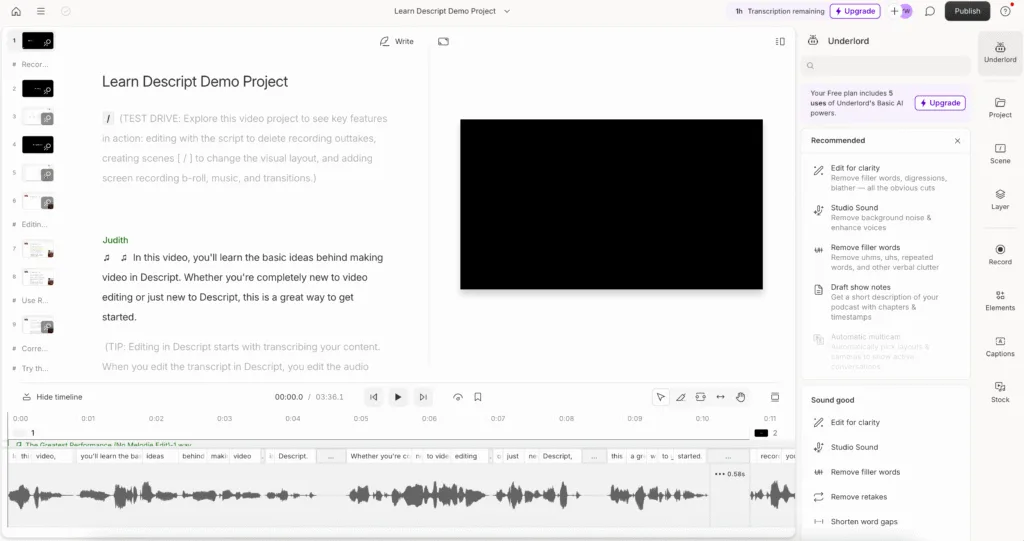 Descript AI video and podcast editor interface