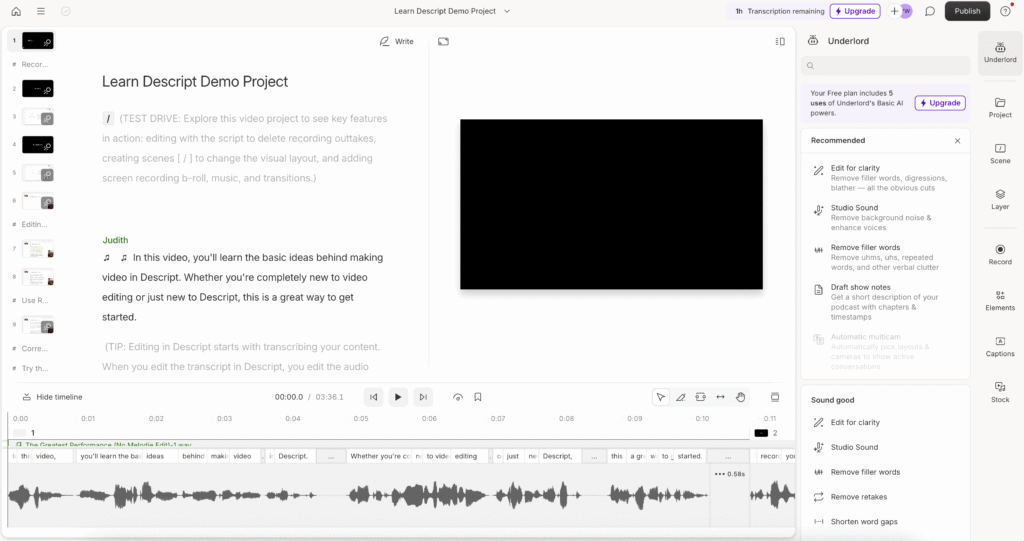 Descript AI video and podcast editor interface