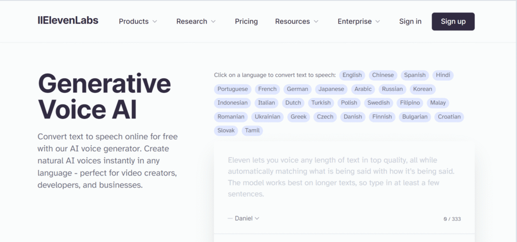 ElevenLabs AI voice generator dashboard