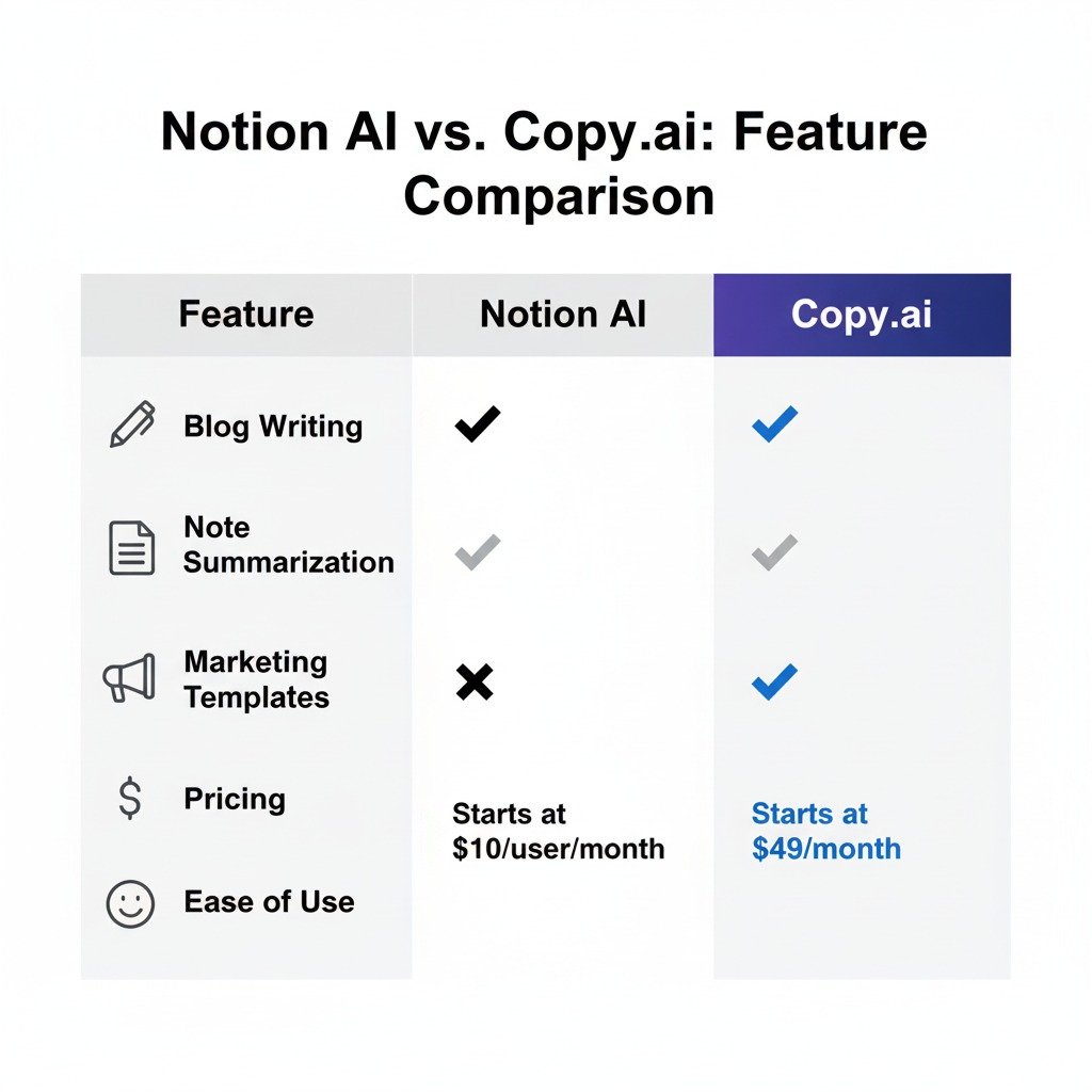Side-by-side feature comparison of Notion AI vs Copy.ai