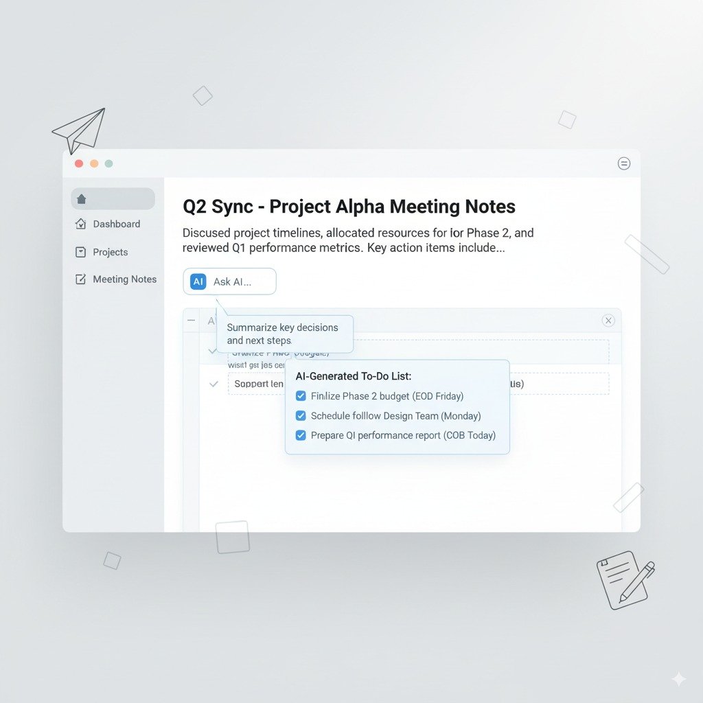 Notion AI writing assistant summarizing meeting notes inside a workspace