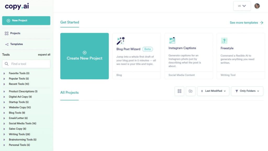 Copy.ai marketing content generation interface